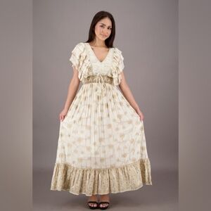 Ananta Cream and Gold Women's Maxi Dress Boho Anthro Inspired Boutique NWOT